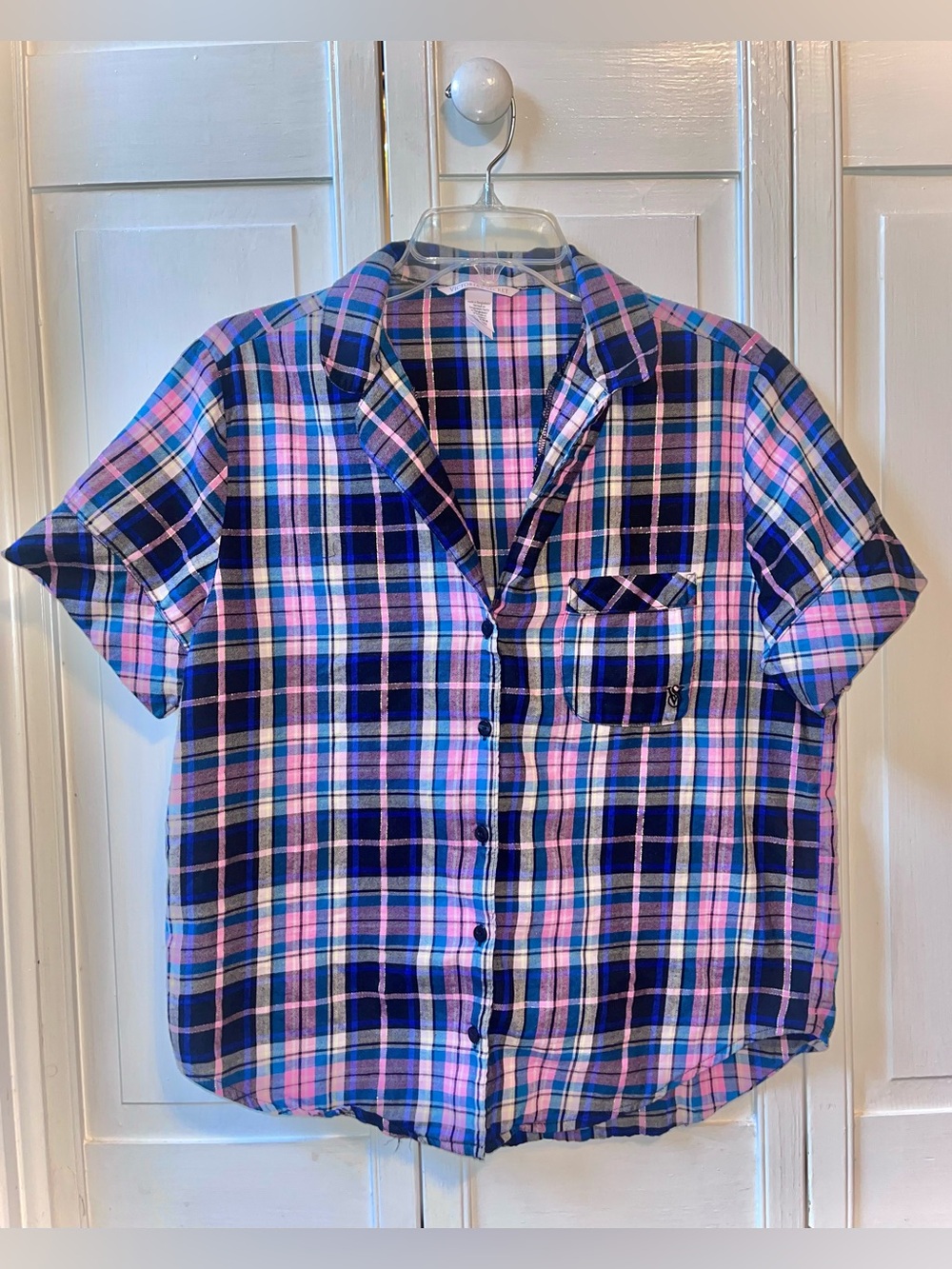 Victoria’s Secret Plaid Short-Sleeve Button Shirt Pink Blue Black, Gold Lurex, S